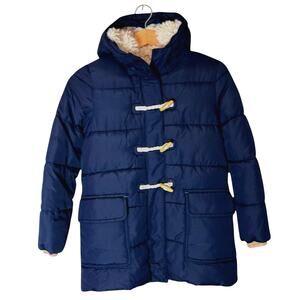 Mini Boden Girls Sherpa Hooded Puffer Parka Coat Size 9-10 Y Navy Blue Toggles